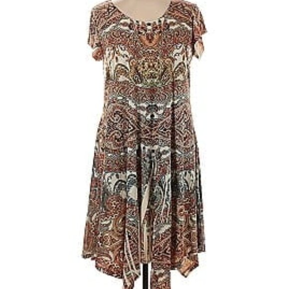 World Unity XL Brown Orange Boho Print Asymmetrical Hem Sublimation A-Line Dress - Picture 3 of 5